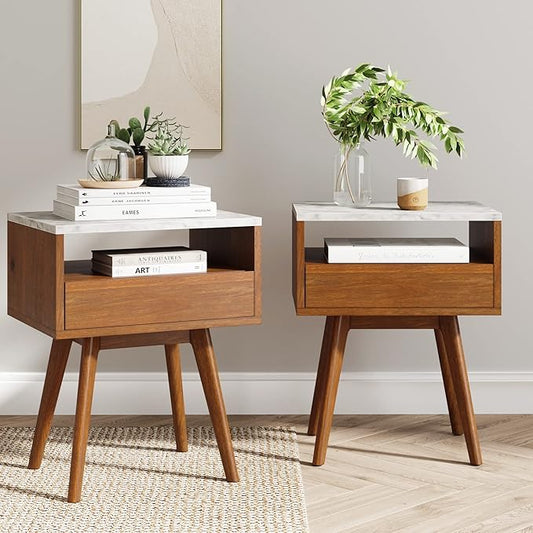 Nathan James Mid-Century James Faux White Marble Accent Side or End Table with Walnut Finish and Marble Table-top with Storage, White/Brown, Set of 2