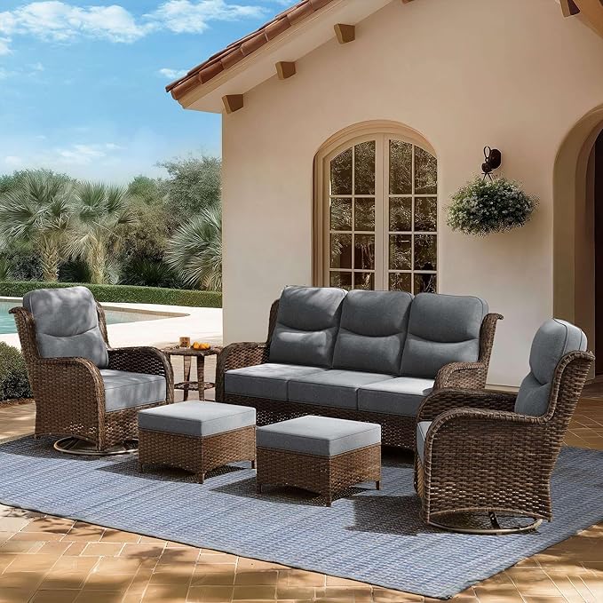 High Back Outdoor Furniture with Extra Thick Cushion Patio Swivel Rocking Chairs, Comfort 3-Seat Sofa, 6PCS Oversized Wicker Conversation Set for Porch, Deck, Yard in Dark Gray
