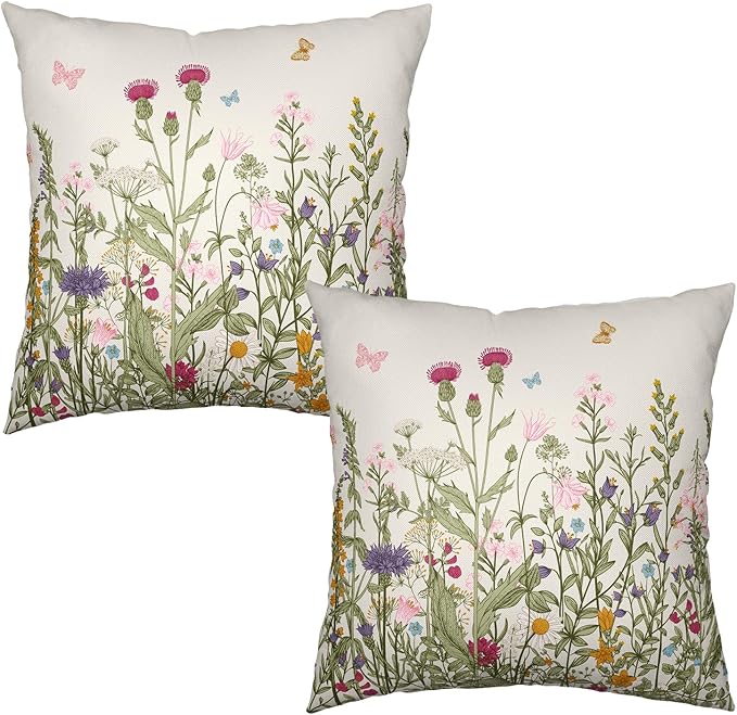 Spring Vintage Floral Pillow Covers 18x18 Set of 2 Sage Green Wildflower Plant Outdoor Throw Pillows Case Summer Rustic Wild Flowers Botanical Print Pillowcase for Farmhouse Sofa Couch Bed Decor