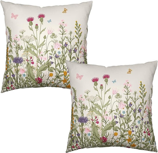 Spring Vintage Floral Pillow Covers 22x22 Set of 2 Sage Green Wildflower Plant Outdoor Throw Pillows Case Summer Rustic Wild Flowers Botanical Print Pillowcase for Farmhouse Sofa Couch Bed Decor