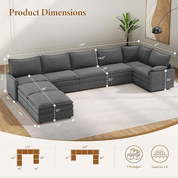 Vesgantti Large Modular Sectional Sofa, Big Comfy Cloud Couch with Ottoman Deep Seat Chenille Cloud Sofa, 8 Seater Large Sectional Couches for Living Room, Bedroom and Apartment, Gray | Sink-in Comfort, Height Adjustable, Easy Rearrangement, Extra-deep...