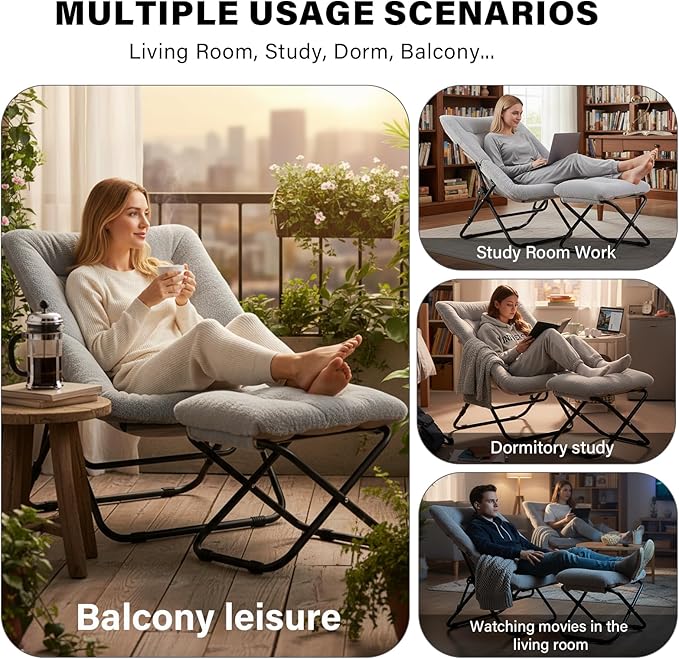 Tiita Folded Chair with Straight Ottoman, Soft Faux Fur Oversized Folding Accent Chair,Lazy Chair, Metal Frame Moon Chair for Bedroom, Living Room, Dorm Rooms, Garden and Courtyard, Grey