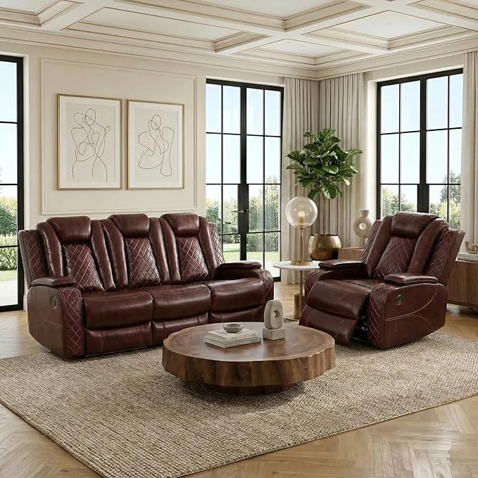 Power Recliner Sofa Set, Air Leather Reclining Couch with LED/Cup Holders/Storage, 2 Pieces Reclining Living Room Furniture, Burgundy Leather Sofa and Chair for House/Apartment/Office