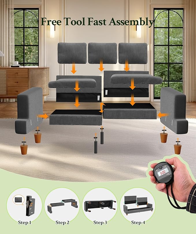 Welzona 87.2" Couches for Living Room, Comfy Grey Couch 7.5" Extra Thick Cushion, Sofas for Living Room Tool-Free Setup, Loveseat Sofa 848lbs Support, Corduroy Couch for Bedroom, Apartment, Office