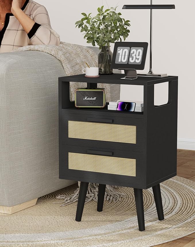 YMYNY Nightstand with 2 Drawers, Boho Side Table, Handmade Rattan Decorated, Open Shelf Unit with Arched Design, Solid Wood Legs, Storage Cabinet for Bedroom, Black UHST015B