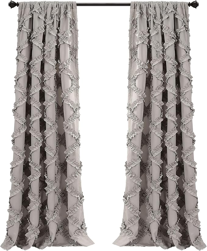 Lush Decor, Gray Ruffle Diamond Curtains Textured Window Panel Set for Living, Dining Room, Bedroom (Pair), 84” x 54, 2 Count