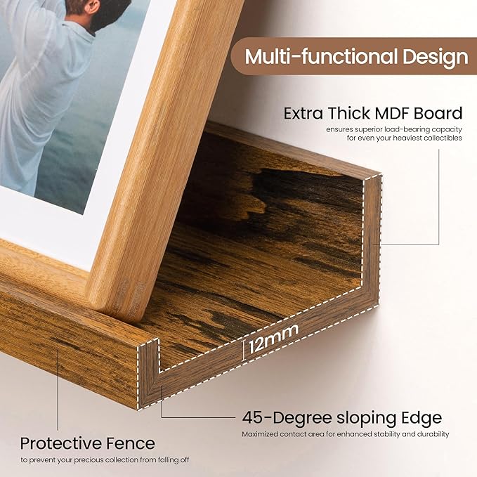 Fun Memories Picture Ledge Shelf, 60 Inch Floating Shelves Set of 2, Large Book Shelves for Toys Storage, Kids Bookshelf Wall Mounted for Wall Decor Books Photo Frames, Rustic Brown