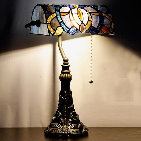 Tiffany Banker Lamp Small Stained Glass Table Lamp Tiffany Style Piano Light Blue Purple Cloudy Style Desk Lamp Angle Adjustable 10.6X15.7 Inch for Home Office Living Room Bedroom
