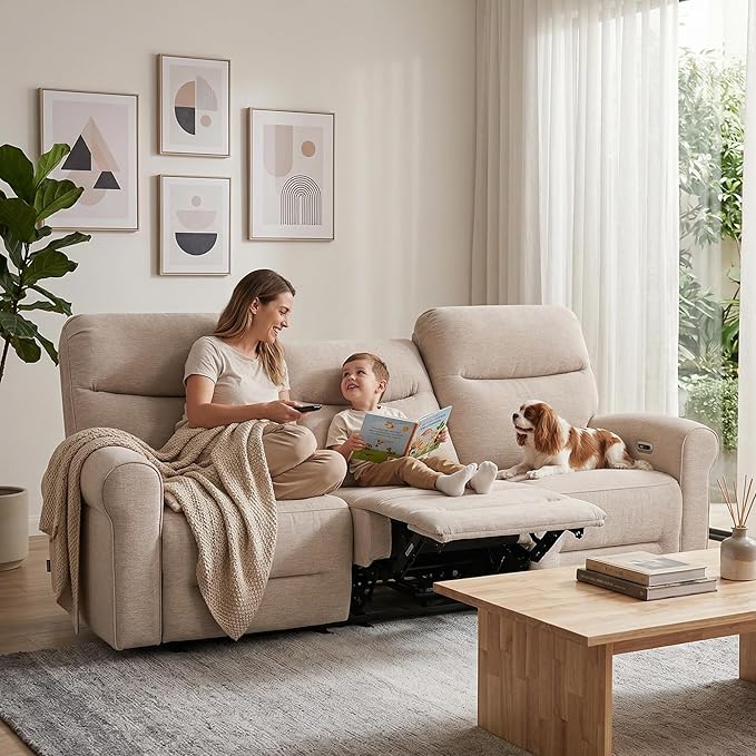 MCombo 87.8" Wall Hugger Power Reclining Sofa, 3-Seat Triple Recliner Couch with USB Ports, Rolled Arm Space Saving Recliner Sofa for Living Rooms Apartments RV, Fabric PR635M5 (Beige) | 1.4" Wall Clearance