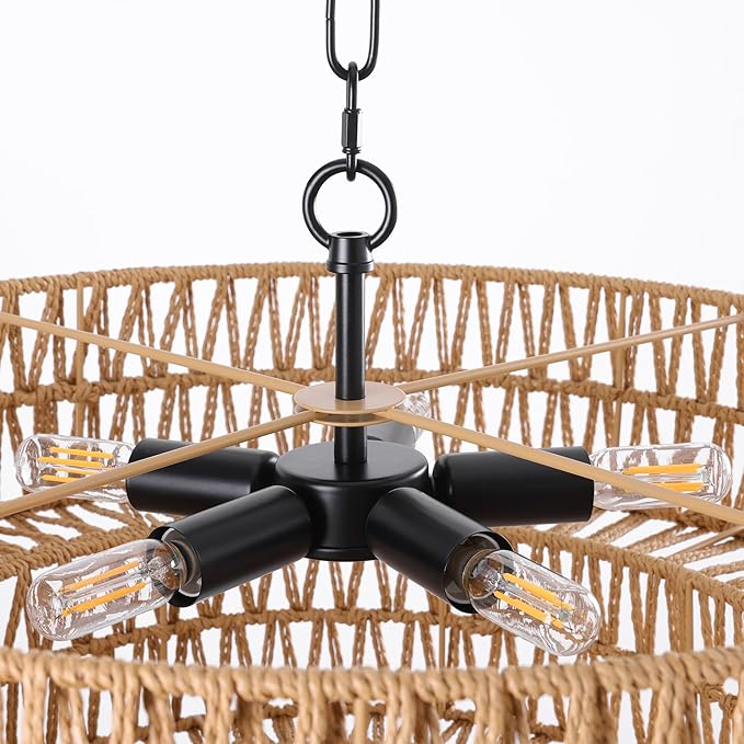 LamQee 22 Inch Farmhouse Rattan Chandeliers, 5 Lights Boho Chandelier Light Fixture with Hand Woven Wicker Shade, Large Rattan Pendant Lights Ceiling Hanging Lighting for Dining Room Kitchen Island