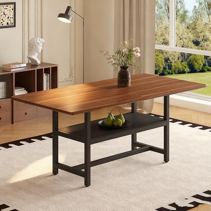 Dining Table, 71 inch Kitchen Table with Storage Shelf, Dinner Table with Black Textured Tabletop & Metal Legs, Minimalist Design for Family Gatherings, Fits Modern Home Decor, Walnut Black