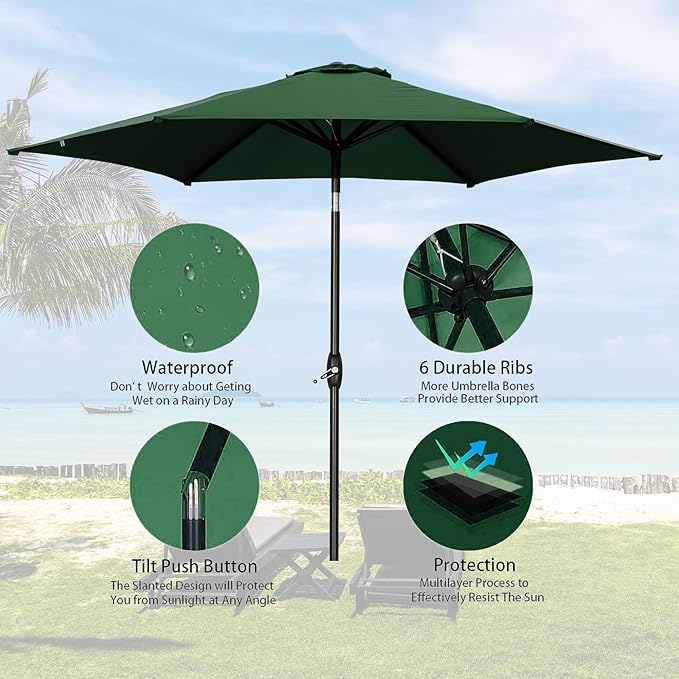 HYD-Parts 9FT Patio Umbrella Outdoor Table Umbrella,Market Umbrella with Push Button Tilt and Crank for Garden, Lawn, Deck, Backyard & Pool, with a Base (Green)