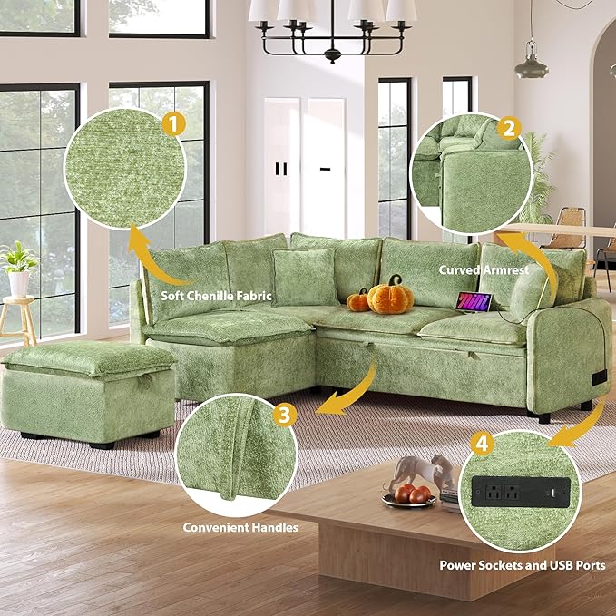 ERYE 82.5-Inch Left Facing Corner Sleeper Sectional Sofa Bed for Living Room Office,L-Shaped Chenille Upholstered Convertible Pull Out Sleeper Couch Bed W/Storage Ottoman | USB-C Ports