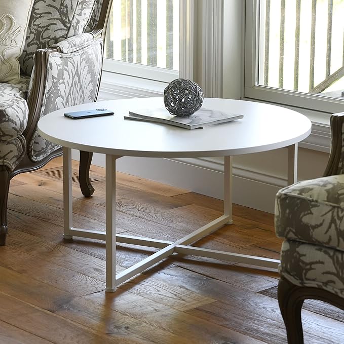 Household Essentials Jamestown Round Coffee Table Scandinavian White and White Metal