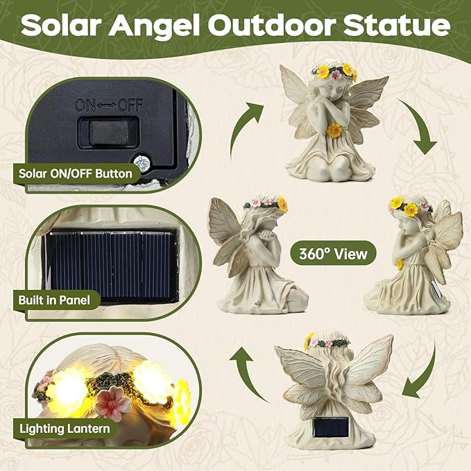 Solar Angel Garden Statue Outdoor Decor, Angel Figurines with LED Light Yard Decorations for Patio, Balcony, Lawn Ornaments, Unique House Warming Birthday Gifts for Women, Mom, Grandma