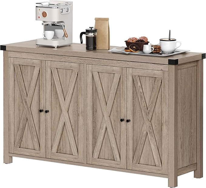 YITAHOME 55'' Sideboard Buffet Cabinet with Storage, Farmhouse Kitchen Storage Cabinet w/4 Doors ＆Adjustable Shelf for Kitchen, Living Room, Grey-Brown
