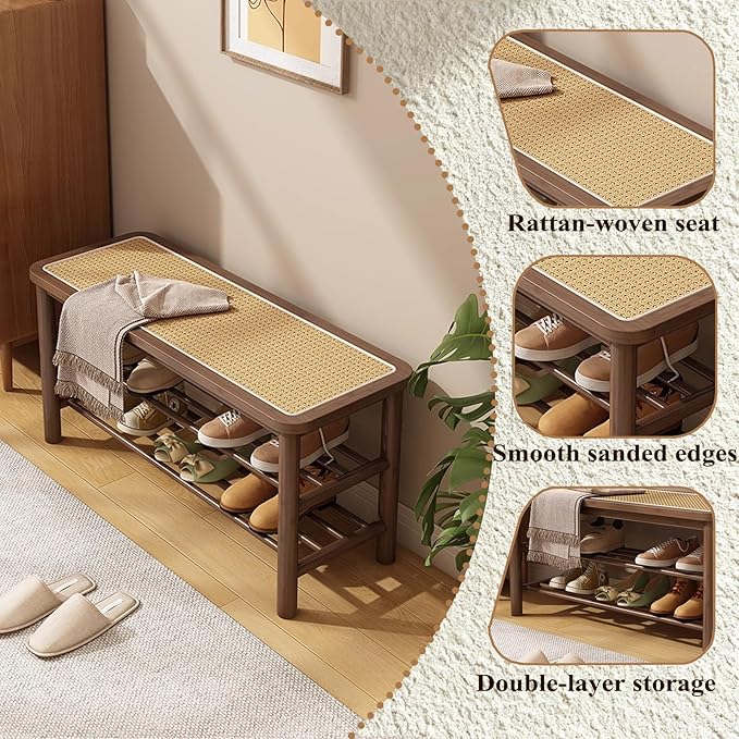 Bamboo Shoe Rack Bench with Rattan Seat, 3-Tier Shoe Storage Bench, Entryway Bench for Hallway, Walnut-31.5 inches