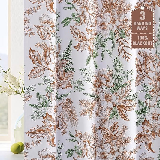 H.VERSAILTEX 100% Blackout Curtains for Living Room Vintage Floral Curtains 63 Inches Long Light Blocking Curtains with Black Liner Back Tab/Rod Pocket Thermal Drapes, 2 Panels, Caramel and Moss