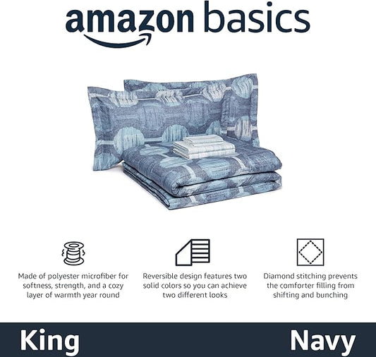 Amazon Basics Lightweight Microfiber Comforter Sets, 7 Pieces, King Size, Navy Geometrics