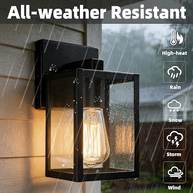 2 Pack Small Outdoor Sconce Lights,9 Inch Outdoor Wall Lantern Light,Exterior Sconce Metal and Glass Small Porch Light, Black Outdoor Lanterns for Front Porch Garage Balcony