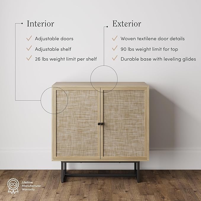 Nathan James Kova Rattan Wood Accent Sideboard Storage Cabinet TV Stand with Matte Metal Frame, Adjustable Shelves and Cane Doors, for Hallway, or Living Room, Light Oak/Cane/Black, Set of 4