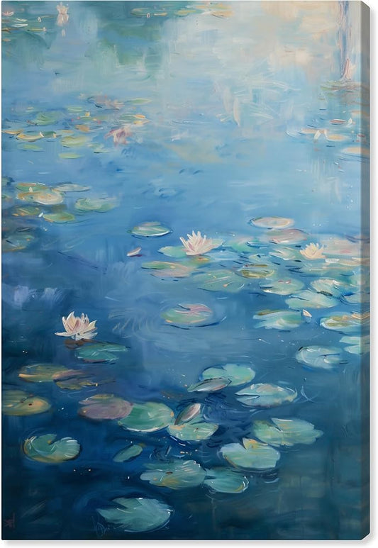 Art Remedy Lilypads In Blues Gallery Wrapped Impressionism 1 Piece Canvas Wall Art/Monet And Van Gogh Inspired Art, 20" x 30", Gallery Wrapped
