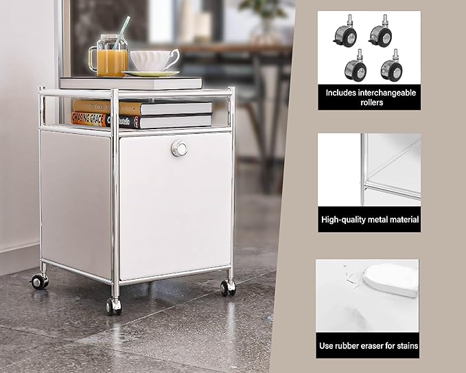 Matte Storage Cart with Flap Door, Large Capacity Storage Cart with Detachable Wheels, DIY Modern Home Furnishing, Great for Home, Office, Bedroom, Kitchen (White)