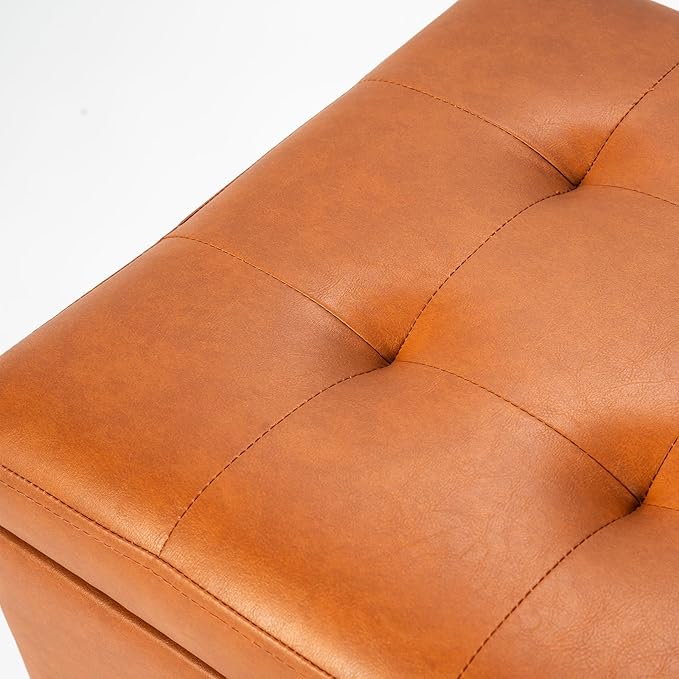 Adeco Faux Leather Storage Ottoman, 17.5" Square Cube Footrest with Lift Top Lid for Blankets, Upholstered Vanity Stool & Entryway Shoe Bench for Living Room, Bedroom, Warm Orange
