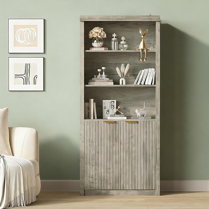 Garvee 71" Tall Bookshelf with Fluted Doors, 5 Tier Bookcase Display Shelves with Storage Cabinet & Adjustable Shelf, Mid-Century Modern Bookshelves for Home Office, Living Room, Grey