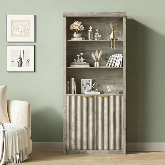 Garvee 71" Tall Bookshelf with Fluted Doors, 5 Tier Bookcase Display Shelves with Storage Cabinet & Adjustable Shelf, Mid-Century Modern Bookshelves for Home Office, Living Room, Grey
