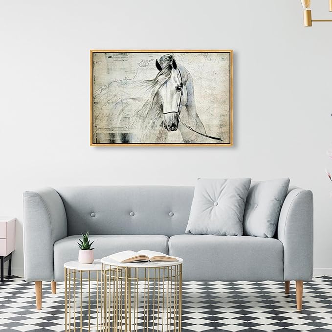 Country Farmhouse Canvas Print Painting Animal Wall Art 'Southern White Horse' Gold Framed Canvas Rustic Home Décor 30x20 in Gray, Brown by Oliver Gal