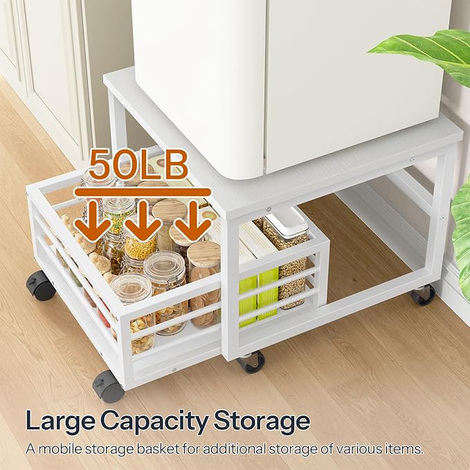 HOOBRO Mini Fridge Stand with Movable Storage Basket, Mini Fridge Cabinet with Wheels and Adjustable Feet, Sturdy Metal Frame, for Home, Apartment, Office, White WW155TL01