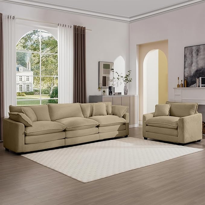 KEIKI 2-Piece Sofa Set with 1 Oversized Corduroy 3-Seater Sofa & 1 Single Sofa, Upholstered 4-Seater Couch Set with 6 Pillow, High-Density Foam Cushions, Removable Armrests, for Living Room, Tan