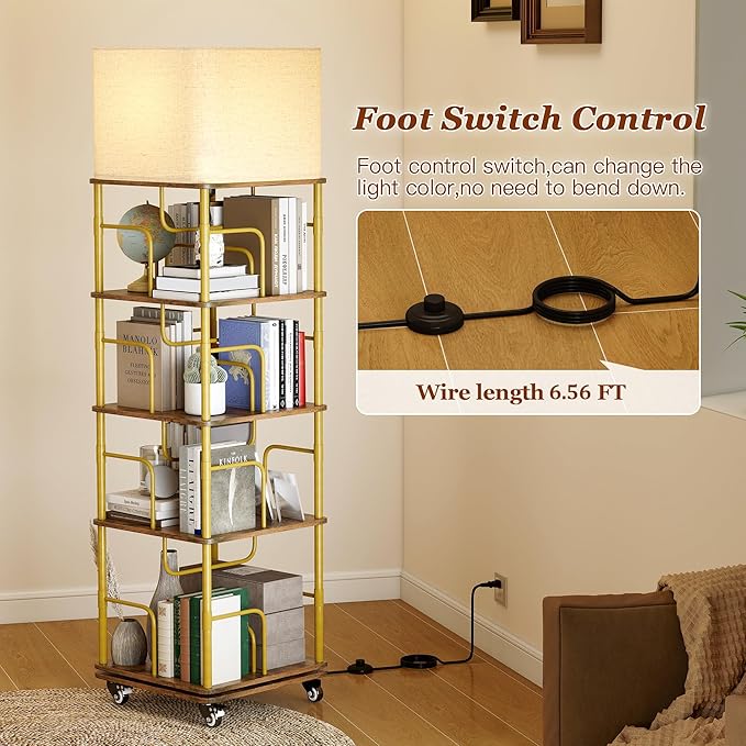 4 Tier Rotating Bookshelf with LED Light 360° Swivel Bookcase with Wheels Space-Saving Tall Corner Shelf Square Floor Standing Shelf Metal and Wood Bookshelves for Bedroom Living Room Office