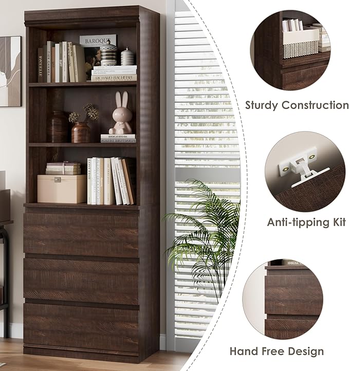 IDEALHOUSE 70" H Bookcase with 3 Storage Drawers,Tall Bookshelf w/ 3-Tier Open Shelf, Morden Storage Bookcase Wooden Deep Bookshelves Storage Cabinet Organizer for Library Office Living Room (Brown)