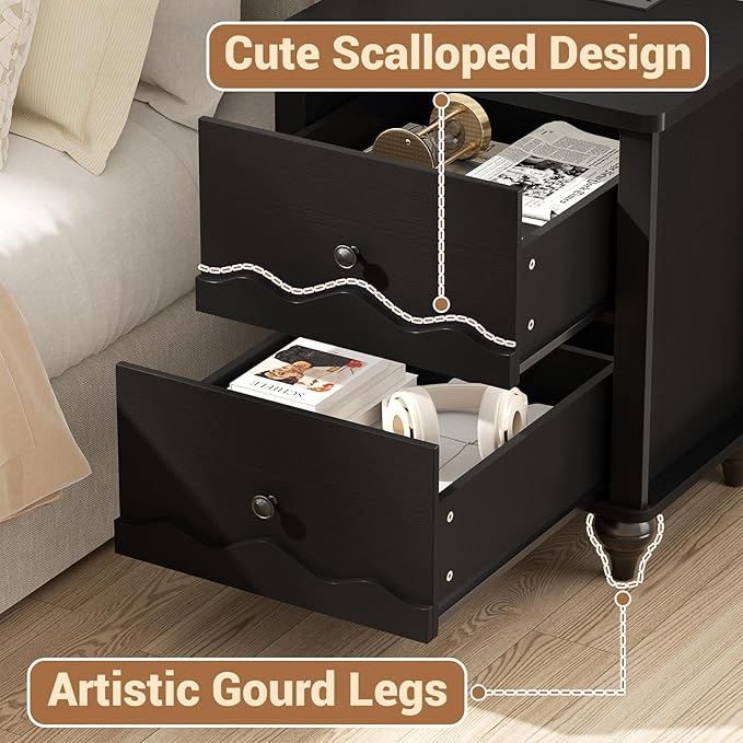 Cyclysio Black Nightstand with Charging Station Set of 2, Scalloped Bedside Table with 2 Smooth Drawers, Modern End Table with Solid Wood Legs for Bedroom and Small Spaces