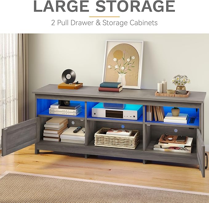 DWVO Farmhouse TV Stand with Power Outlets & LED Lights, Entertainment Center for TVs up to 80", TV Console with Storage Cabinets & Open Shelves for Living Room (Washed Grey)