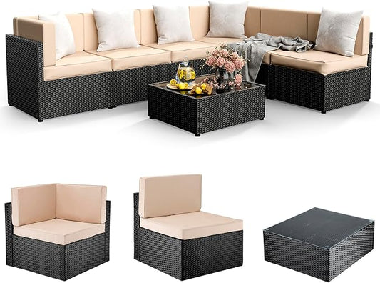 Pamapic 7 Pieces Outdoor Sectional Furniture，Wicker Patio sectional Furniture Sets，All-Weather Rattan Sectional Sofa Conversation Set with Coffee Table and Washable Couch Cushions Covers