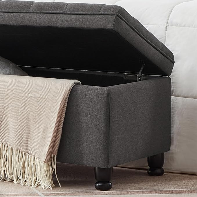 Upholstered Ottoman with Storage,Entryway Bench with Tufted Buttons and Spindle Wooden Legs for Living Room,Bedroom,Dark Gray