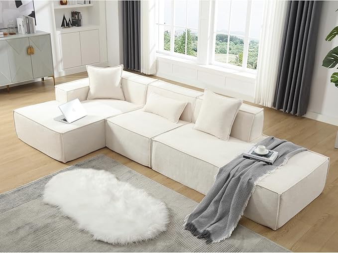 Ball & Cast 129" Tofu Block Modular Sofa Set with Left-Hand Facing Chaise,Modern Sectional Couch W/Square Armrest & Pillows,Free Combination,Italian Minimalist Style,for Livingroom,Beige Terrycloth