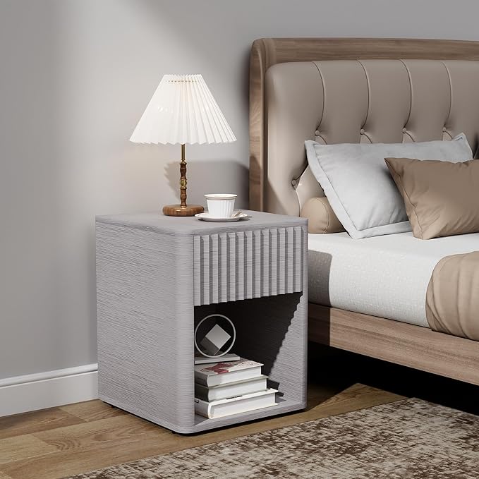 VICITON Fluted Narrow Night Stand,Thin Nightstand with Leather Surface, Small End Table with Storage, Living Room/Bed Side Table for Small Spaces (Light Gray, Large)