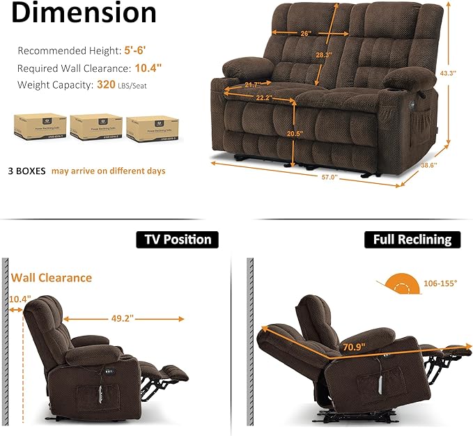 MCombo 57" Reclining Loveseat with Heat and Massage, Zero Gravity Recliner Loveseat Sofa with Dual USB Charging Ports for Living Room, Fabric 6314 (Brown)