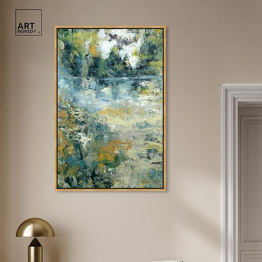Art Remedy Green Moss Monet Garden Green Abstract Canvas Wall Art, Gold Floater Frame, 30"x45"
