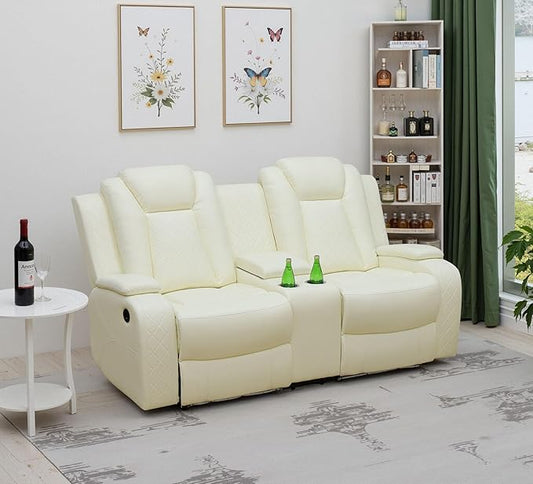 Air Leather Recliner Loveseat with Cup Holder&Storage Console, Reclining Couch for RV Living Room Home Theater (Cream White)