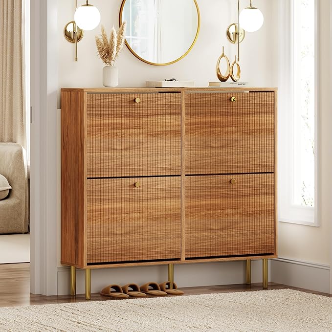Nicetree Shoe Storage Cabinet for Entryway - 4 Flip Drawers Shoe Cabinet with Tiered Fluted Design - Slim Shoe Storage Rack with Gold Legs - Narrow Shoe Cabinet Hidden Shoe Organizer for Small Spaces