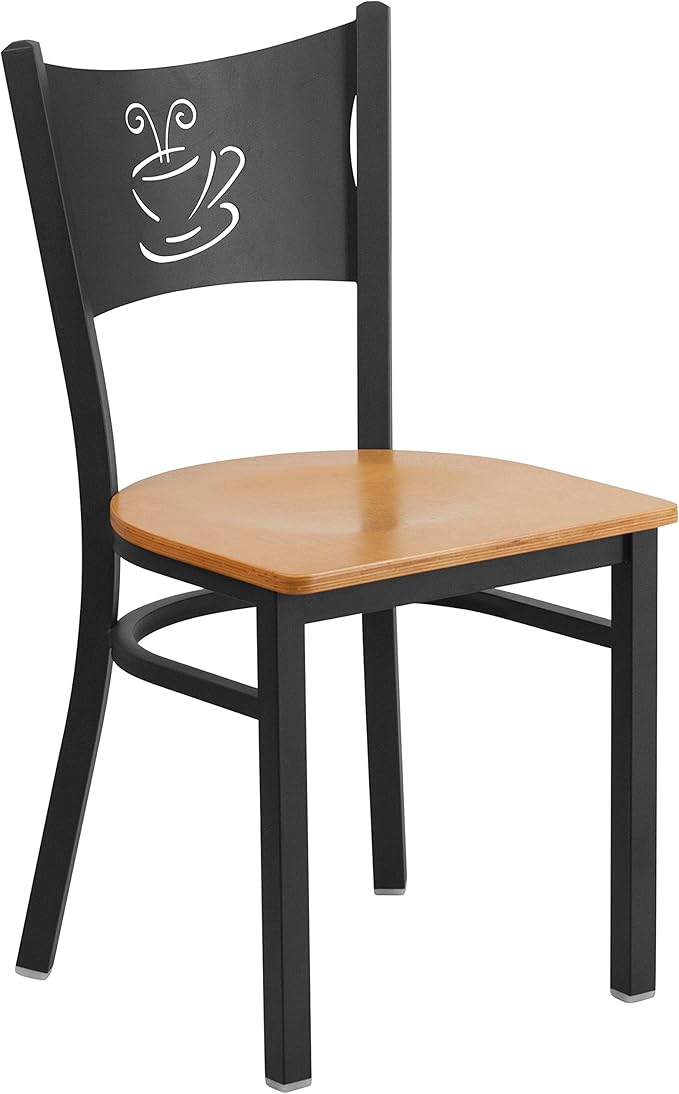 Flash Furniture HERCULES Series Black Coffee Back Metal Restaurant Chair - Natural Wood Seat