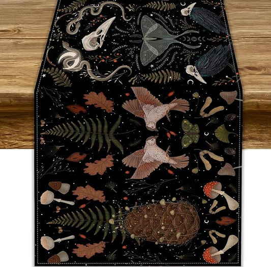 Retro Gothic Table Runner Halloween Crow Moth Fantasy Bird Snake Floral Mushroom Country Abstract Kitchen Dining Table Decoration for Living Room Holiday Outdoor Home Party 13x90in