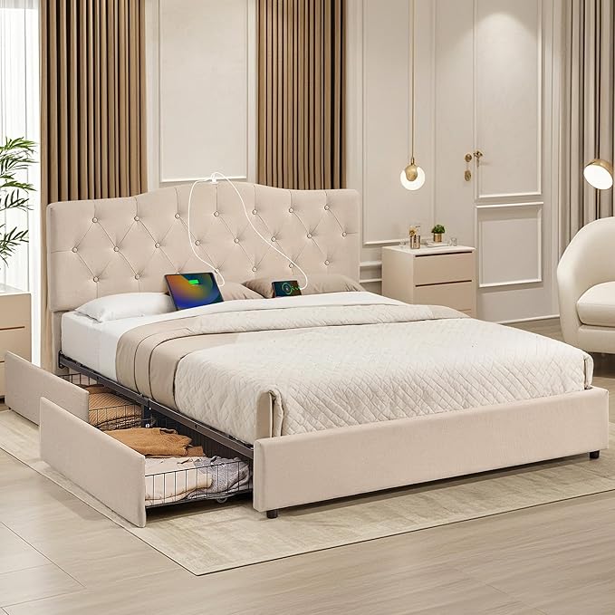 VECELO Queen Size Platform Bed Frame with 4 Storage Drawers,Fabric Upholstered Headboard and Wooden Slats Support,Built-in USB and Type C Ports, No Box Spring Needed,Easy Assembly