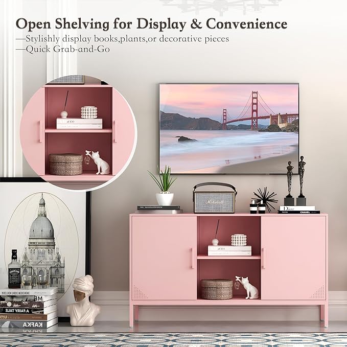 Accent Cabinet with 2 Door and Shelves TV Stand Metal Kids Locker Storage Cabinet Multipurpose Buffet Sideboard for Living Room, Kitchen, Bedroom, Dining Room, Entryway (Pink, H29.53'')