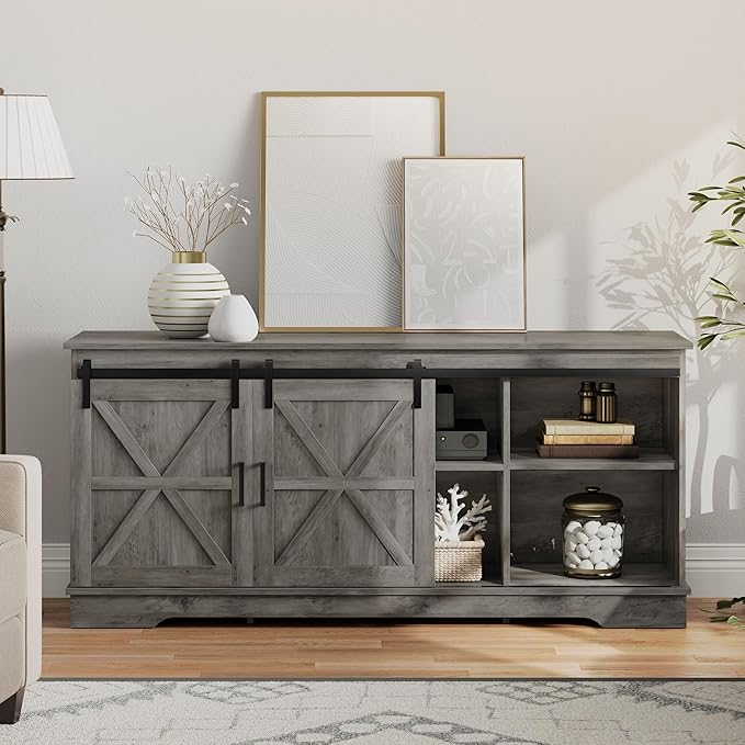 YITAHOME Farmhouse TV Stand for 65/60/55 Inch, Modern Entertainment Center with Sliding Barn Door, Wood TV Media Console Storage TV Cabinet for Living Room for 300lbs, Rustic Grey